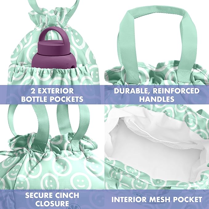 Fit & Fresh Cromwell Drawstring Lunch Bag for Women, Complete Lunch Set with 2 Containers, Stain-Resistant, Leak-Resistant, Back to School Essential, Teacher Lunchbox, All Smiles Mint