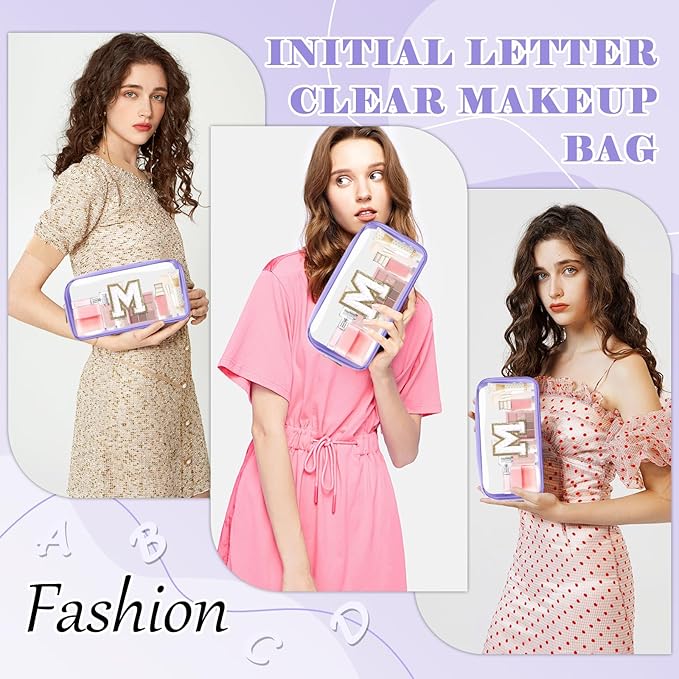 Personalized Initial Letter Clear Makeup Bag, Preppy Small Nylon&PVC Cosmetic Zipper Bag with Chenille Letter, Travel Skincare Toiletry Bag, Monogram Christmas Gift for Teen Girls Women, M