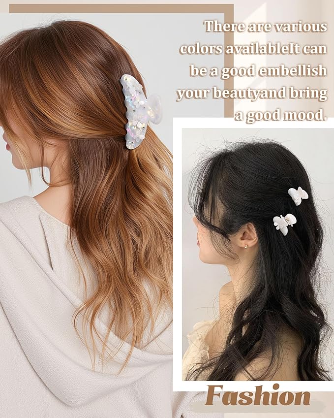 3PCS Acrylic Flower Hair Claw Clips - 2 Styles Durable Medium Small Claw Clips for Women, Strong Hold Cute Non Slip Stylish Accessories Decroation Buns for Thick Thin Hair (White)
