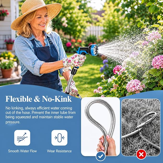 Garden Hose 100ft, Metal Water Hose, Kink-Free, Flexible Stainless Steel Hose, Heavy Duty Abrasion Resistant Leakproof Hose with 10-Function Spray Nozzle for Yard, Lawn, Outdoor, Marine and Camper