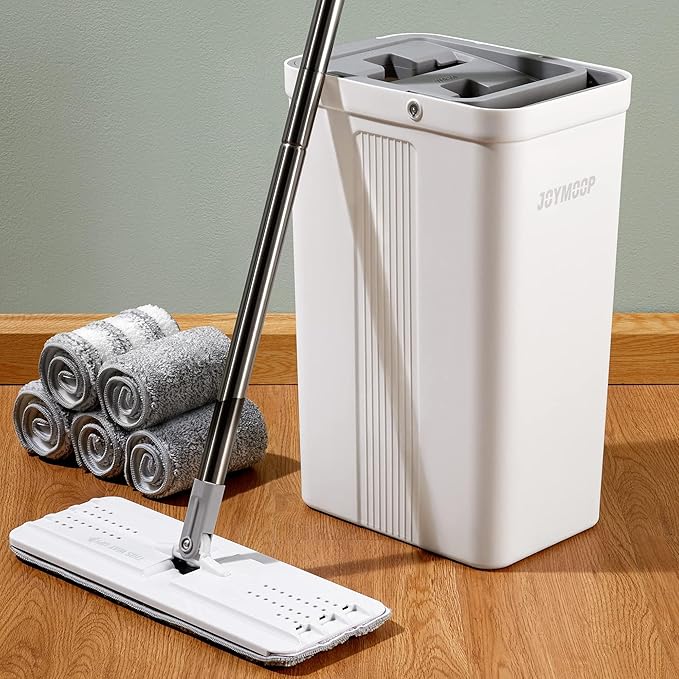 JOYMOOP Mop and Bucket Set, White Flat Mop with Long Handle for Floor & Wall Cleaning, Wet & Dry Use, Hardwood Floor Cleaner, Ideal for Household & Commercial Use, 5 Microfiber Pads Included