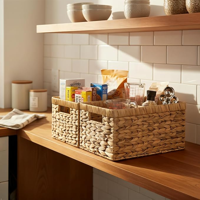 SODAANUS Water Hyacinth Storage Baskets Set of 2 - Medium Decorative Wicker Baskets for Organizing Shelves, Rectangular Woven Storage Bins with Handles for Pantry, Bathroom, Living Room 13"x9"x7"
