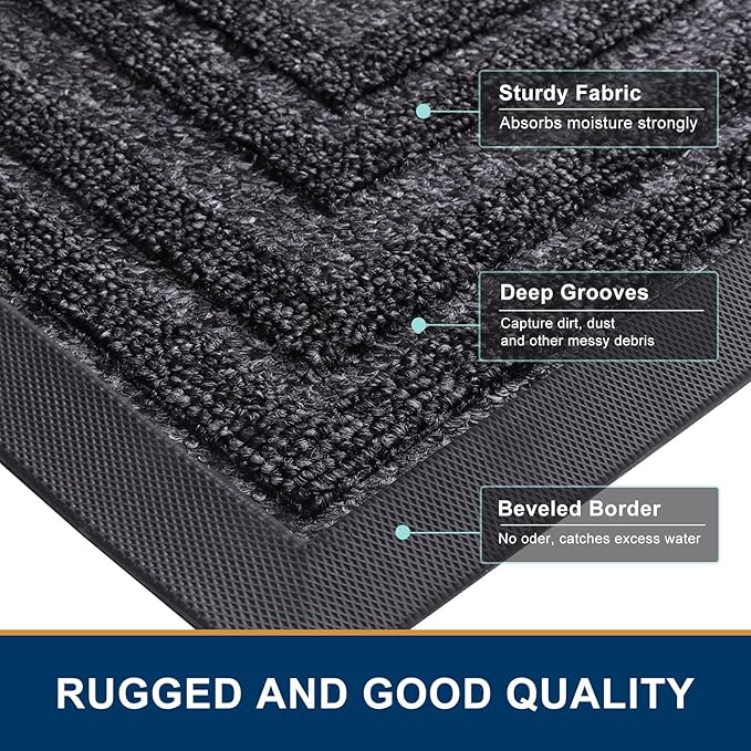 Buganda Front Door Mat Indoor Outdoor Entrance, Non-Slip Natural Rubber Doormats, Easy Clean, Low Profile, Dirt Trapper Entryway Floor Mats for Outside, Garages and Patios, 29.5x17, Silver Grey