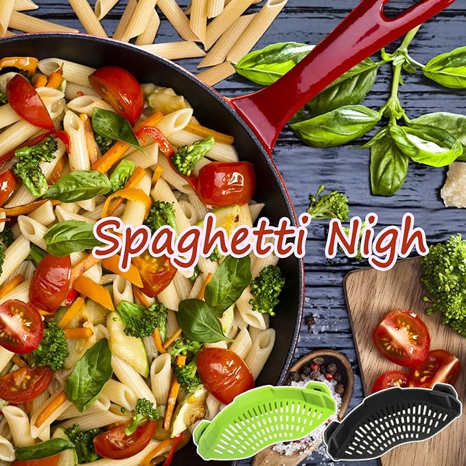 2PACK AUOON Clip on Strainer for All Pots Pans - Silicone Pasta Strainer Kitchen Colander for Draining Noodles Spaghetti Ground Beef Grease｜Easy to Use and Store, Dishwasher Safe (BlackGreen)