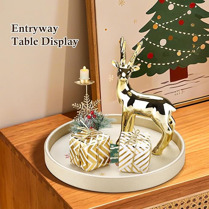 GORESE Christmas Decorative Tray for Coffee Table Decor, 12" Round Leather Christmas Tray for Home Decor, Dining Table Centerpiece, Xtmas Decorations Serving Trays, Gift for Women and Men(Tree)
