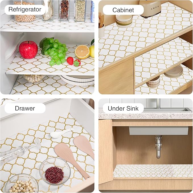 Drawer and Shelf Liner for Kitchen Cabinet,Non-Adhesive Cabinet Liner 12in x 30FT,Waterproof Shelf Paper Non-Slip Mats Cupboard Liners Contact Protect Dresser/Shelves/Table-Golden Lantern
