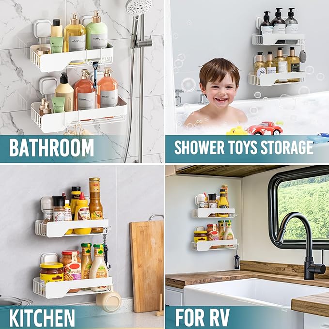 TAILI Shower Caddy Suction Cup 2 Pack, Stainless Steel Rustproof Shower Shelves, No Drilling Wall Mounted Basket, Large Capacity, Removable Suction Cup Bathroom Organizers & Home Decor, White