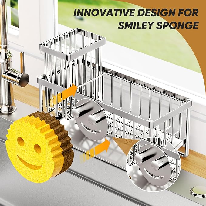 Sponge Holder for Kitchen Sink, Smiley Face Sink Caddy with Removable Brush Holder, Self-Draining Sponge Caddy for Soap, Dish Brush, Scrubber, Kitchen Essentials and Gadgets - Silver