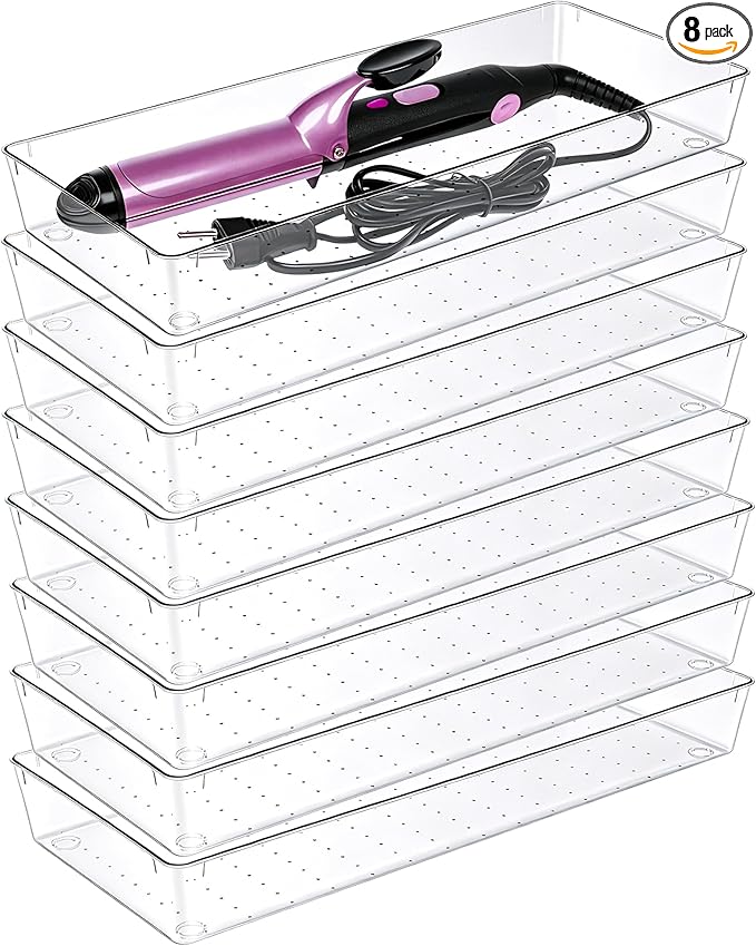 Manalete 8 Pack 15"x6" Extra Large Clear Plastic Drawer Organizer Trays, Multi-Purpose Storage Bins for Vanity, Makeup, Kitchen Utensils, Bathroom, Office Desk, Auto Tools & Craft Supplies