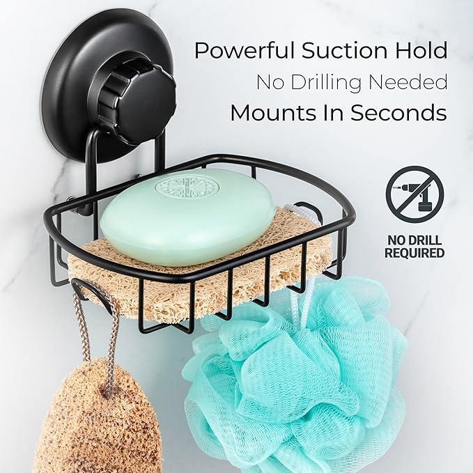 Suction Soap Dish with Hooks - Super Powerful Vacuum Suction Cup Shower Soap Holder - Rustproof Stainless Steel SS304 Soap Basket - Sponge Holder for Bathroom & Kitchen (Black)