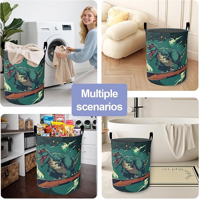 Cute Tyrannosaurus Rex Laundry Basket-Large Foldable Hamper Holder Portable Tall Collapsible Laundry Hamper Storage Basket Bin with Handles, Canvas & Waterproof lining for Household Items
