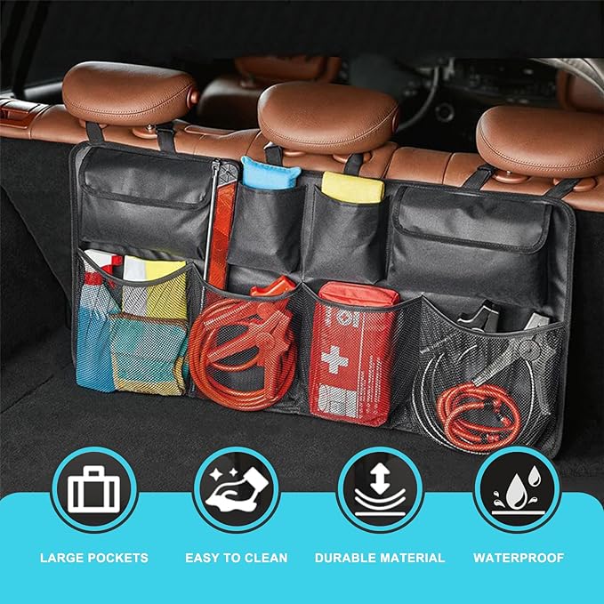 Trunk Organizer with 8 Storage Pockets, 1 Pack Rear Seat Organizer Keep SUV, MPV, TRUCK Organized & Tidy, Travel Accessories, Space Saver