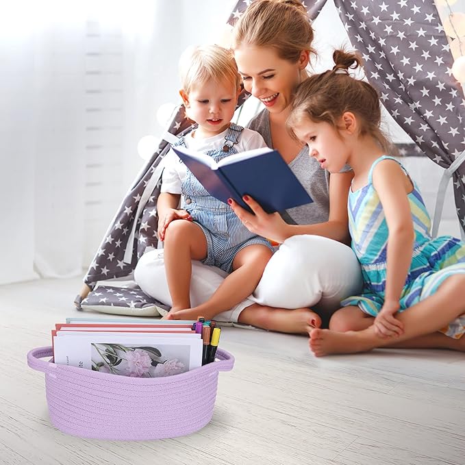 Cute Oval Cotton Rope Wicker Storage Basket with Handle - Empty Baby Nursery Box Bin Organizer for Kids, Cats, Dogs & Easter - Light Purple Lavender