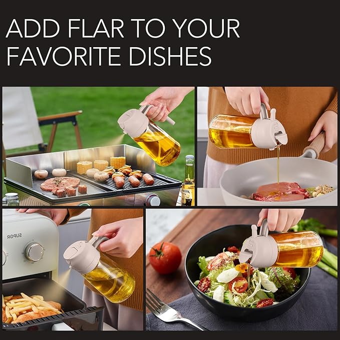 YARRAMATE 16oz/470ml Glass Olive Oil Sprayer for Cooking with Stickers, 2 in 1 Oil Dispenser for Kitchen Gadgets, Food Grade Premium Spray Bottle for Salad, Frying, BBQ (LotusRootPink)