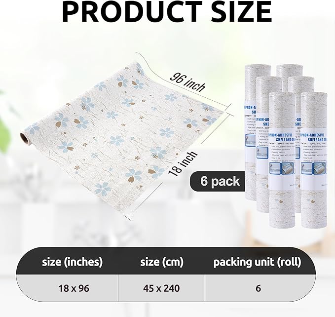 RAY STAR 18X96 Inch Shelf Liner for Kitchen Cabinets, Non-Adhesive Cabinet Liner Washable, PVC Drawer Liner for Dresser Non-Slip Bathroom (Floral)(6 Roll)