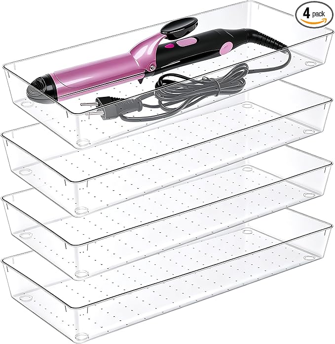 Manalete 4 Pack 15"x6" Extra Large Clear Plastic Drawer Organizer Trays, Multi-Purpose Storage Bins for Vanity, Makeup, Kitchen Utensils, Bathroom, Office Desk, Auto Tools & Craft Supplies