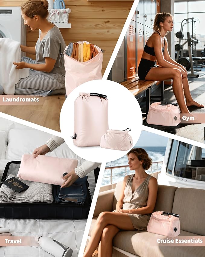 Travel Laundry Bag, Pump-Free Vacuum Compression Dirty Clothes Bag, Medium Reusable Waterproof & Washable Laundry Bag, Wet and Dry Bag, Ideal for Suitcases, Laundromats (1 Pcs) Pink