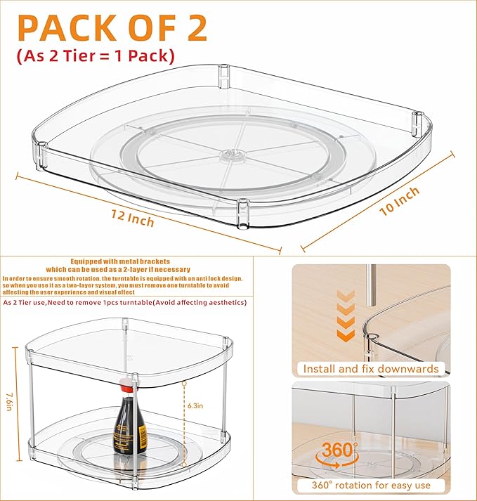 Yieach 2 Pack Large Rectangle Lazy Susan Turntable for Cabinet,Countertop - 12″x10″ Square Refrigerator Lazy Susan Tray,Spice Tray and Turntable Organizer for Fridge,Pantry,Kitchen Seasoning Organizer