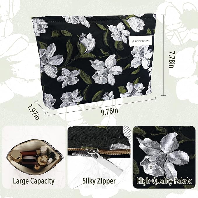 ZLFSRQ Floral Makeup Bag for Women Cute Cosmetic Bag Large Embroidery Travel Toiletry Bags Vintage Brocade Zipper Makeup Pouch for Purse Gift Portable Canvas Toiletry Bags Aesthetic Skincare Organizer