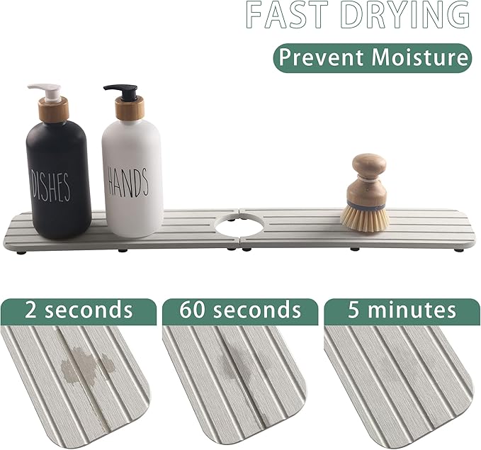 23.6inch x 4inch Kitchen Sink Faucet Mat, Water Absorbing Stone Faucet Splash Guard for Bathroom Counter, Quick Drying Diatomite Tray for Kitchen Sink, Light Gray
