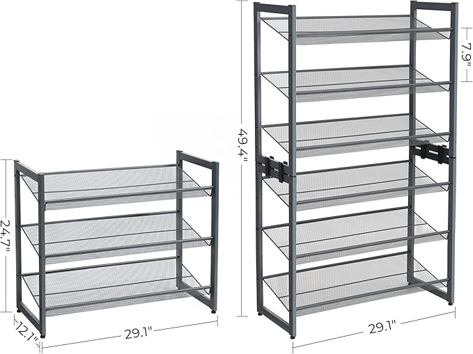 SONGMICS Shoe Rack, 3-Tier Shoe Organizer, Metal Shoe Storage for Garage, Stackable Shoe Shelf, with Adjustable Flat or Angled Shelves, 9-12 Pairs, Charcoal Grey ULMR03GB
