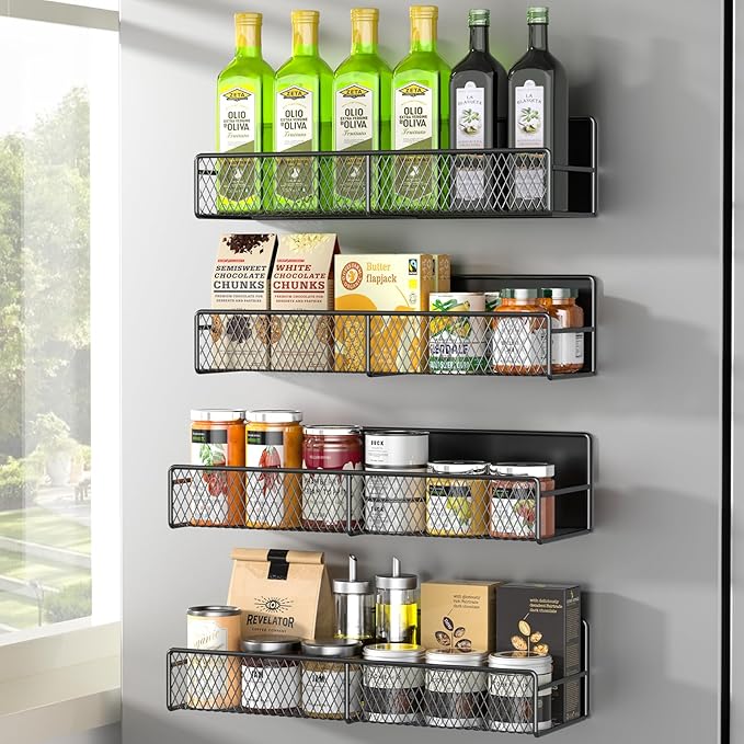 Magnetic Spice Rack for Refrigerator, 4 Pack 100% Metal Strong Magnet Fridge Shelves, Space Saving Spice Organizer, No Drilling Movable Home Kitchen Laundry Room Storage Organization, Black