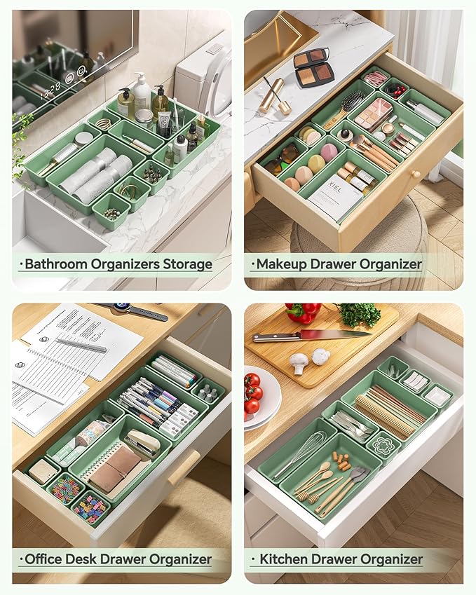 25 PCS Plastic Drawer Organizers Set, 4 Sizes Vanity Organizer, Makeup and Desk Drawer Organizer Trays, Organization and Storage for Makeup, Bathroom, Kitchen Utensils and Office (Green)