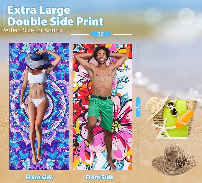 TwoYek 2 Pack Microfiber Thin Beach Towel Lightweight 71x32 Oversized Extra Large Sand Free Towels Quick Dry for Travel Pool Yoga Gym Sports Beach Accessories Vacation Essential Gift