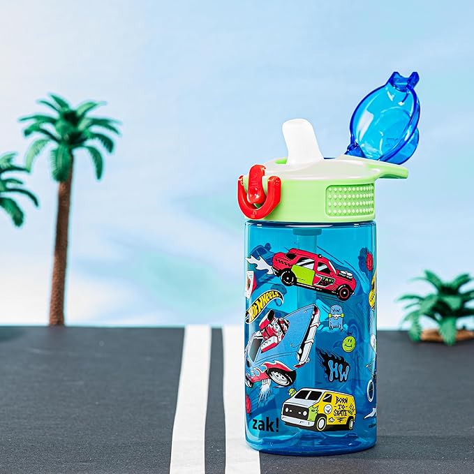 Zak Designs Mattel Hot Wheels Sage Kids Water Bottle For School or Travel, 16oz Durable Plastic Water Bottle With Straw, Handle, and Leak-Proof, Pop-Up Spout Cover (Hot Wheels)
