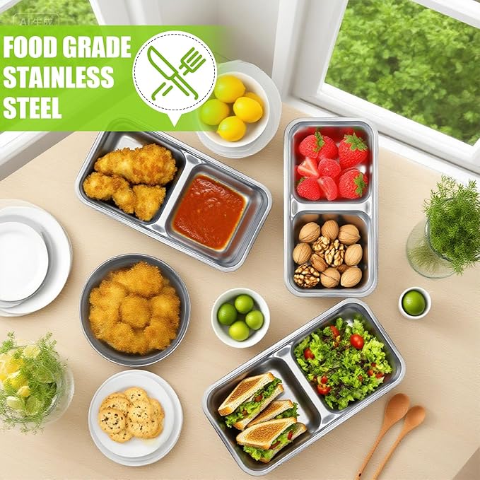 Grab and Go Snack Containers Stainless Steel Reusable, 6 PCS Stainless Steel Double Compartment Lunch Box, Metal Food Storage Containers Home, Travel With 100PCS Mini Bamboo Forks