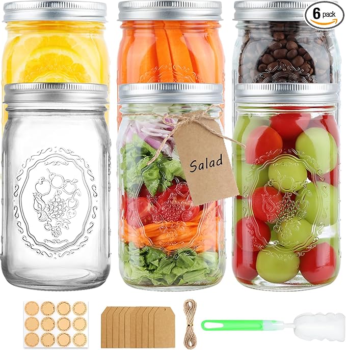 Wide Mouth Mason Jars 32 oz, 6 Pack Quart Canning Jars with Airtight Lids and Bands, Clear Glass Mason Jars for Canning, Pickling, Preserving, Meal Prep