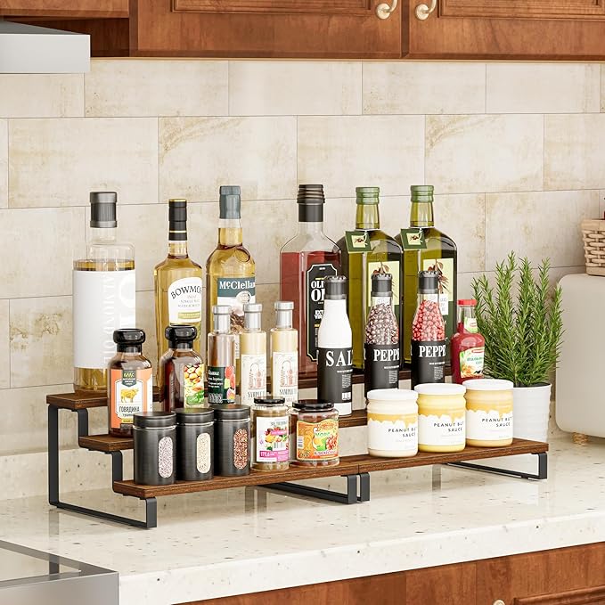 Giikin 3-Tier Spice Rack, 13.8 Inch Wood Countertop Spice Storage Holder, Kitchen Pantry Cabinet Organizer Cupboard for Spice Bottles, Jars, Seasonings, Baking Supplies, Metal Frame (Set of 2)
