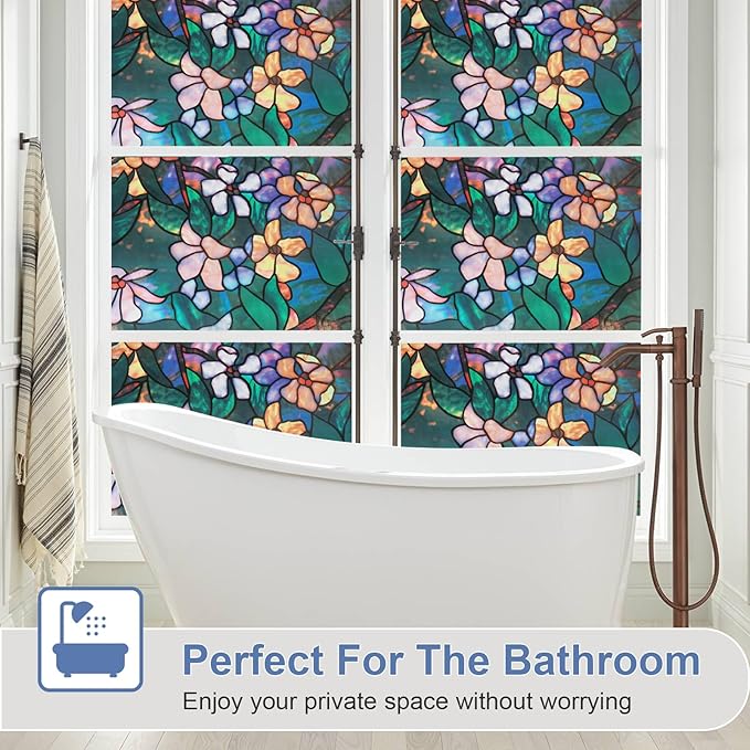 Window Privacy Film Stained Glass Window Films Day and Night, Static Cling Decorative Window Tinting Clings Door Covering for Home, Bathroom, Sun Blocking Decals Stickers (17.5" x 78.7")