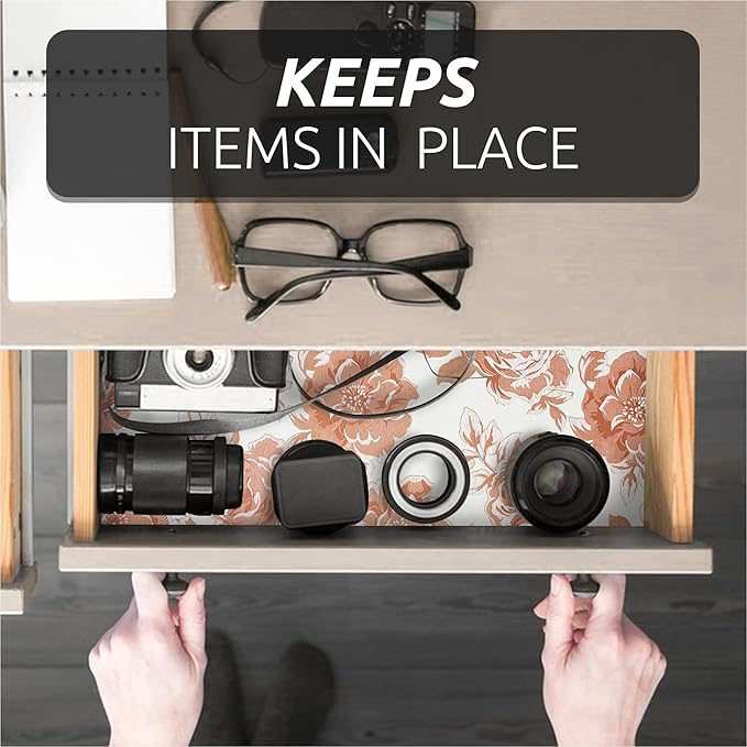 FIFTY FEET 12X120 Inch Shelf Liner for Kitchen Cabinets, PVC Drawer Liner for Dresser Non-Slip Bathroom, Non-Adhesive Cabinet Liner Washable (Red Flower)(8 Roll)