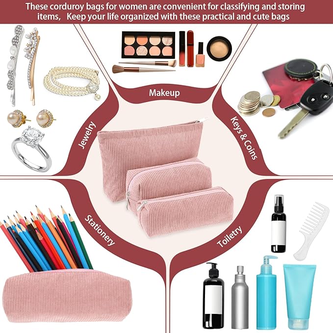 3 Pcs Makeup Bag Set for Women Corduroy Cosmetic Pouch Aesthetic Smile Travel Toiletry Bag Cute Purse Pouch Pencil Case Makeup Brushes Storage Organizer for Christmas(Pink,Solid Style)