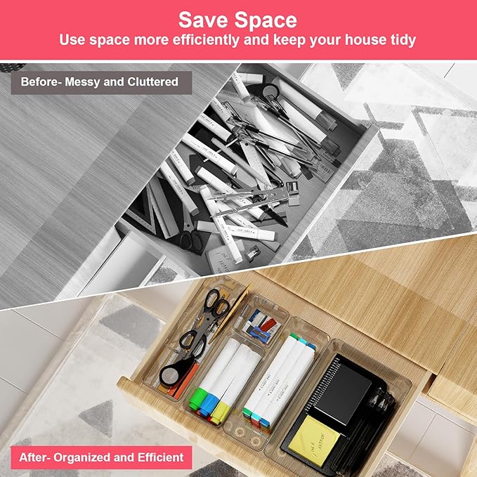 15 Piece Clear Plastic Drawer Organizers Set - 4 Sizes Bathroom & Dresser Storage Bins, Stackable Kitchen Desk Organizer Trays for Makeup, Jewelry, Utensils, Junk, Gadgets