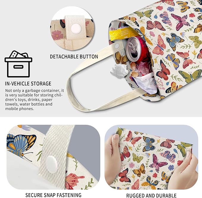 Cute Car Trash Can, Hanging Canvas Car Back Seat Organizer and Storage Bag, Funny Car Trash Bag for Travelling, Outdoor Cute Colorful Butterfly