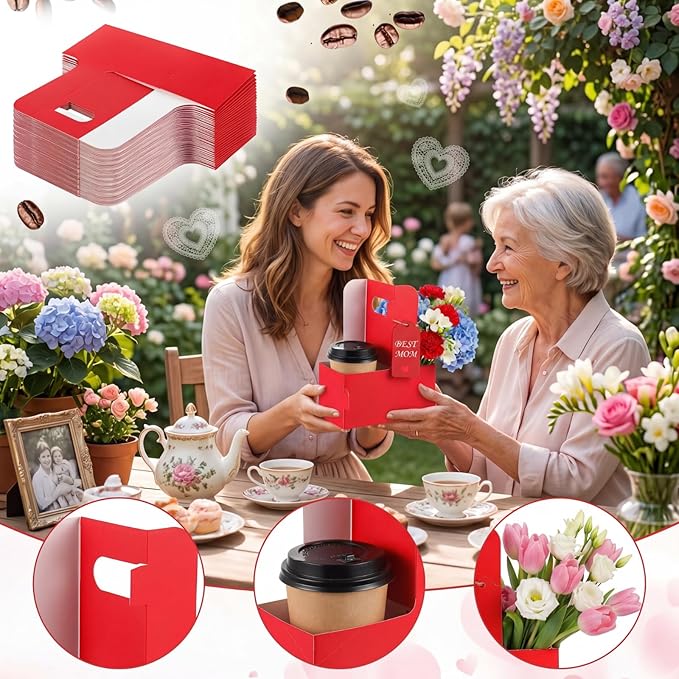 MotiMind 50 Pack Mother's Day 2 Cup Drink Carrier with Handle, Kraft Paperboard Teacher Cup Holder Portable for Hot Cold Drinks, Coffee Carrier Gift with Heart Card Rope (Red)