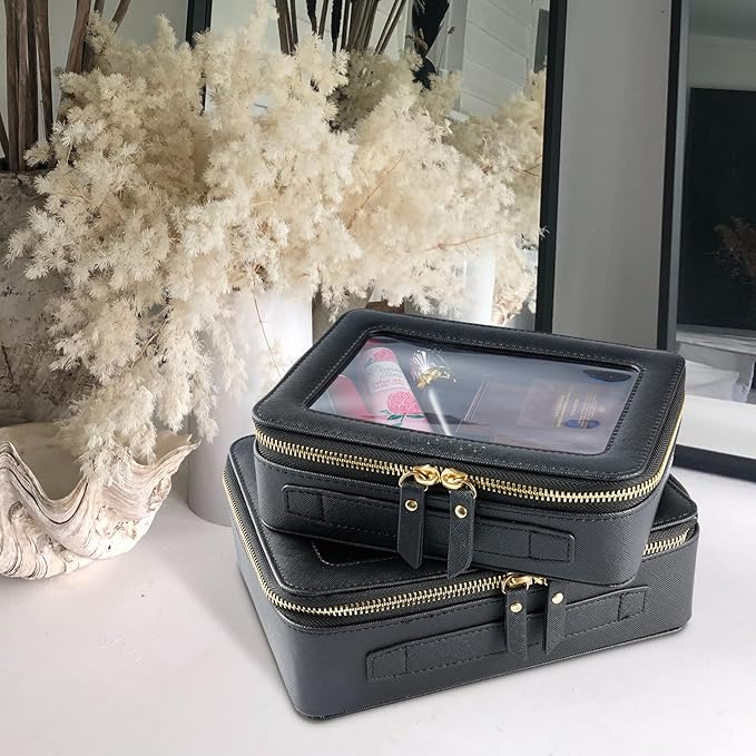 Aveniee Clear Makeup Bag Set, Portable Travel Toiletry Bag Cosmetic Case for Women, Vegan Leather Makeup Pouch Organizer, Car Bag for Essentials, 2pcs (Middle & Large), Black