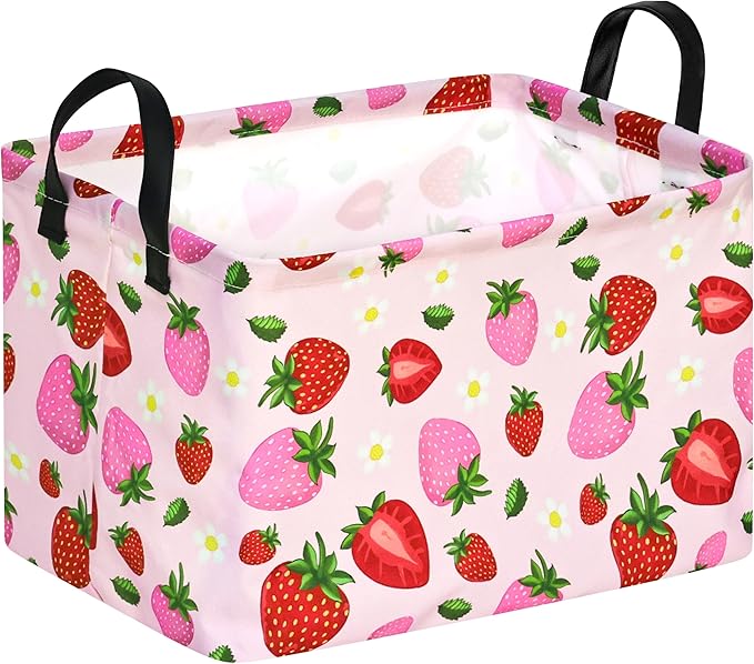 Rec Strawberry Print Storage Box Clothes Hamper Basket Collapsible Organizer Bin Gift Shelf Baskets for Home and Kitchen Storage.