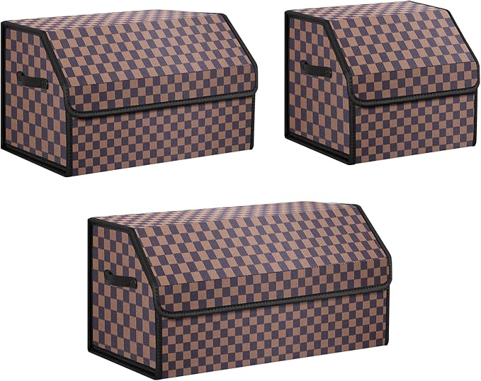 kingmise car organizers and storage for SUV,trunk organizer for sedan, leather foldable sleek box with lid,collapsible cargo bins, tool accessories containers,Chessboard pattern (Coffee grid, Small)