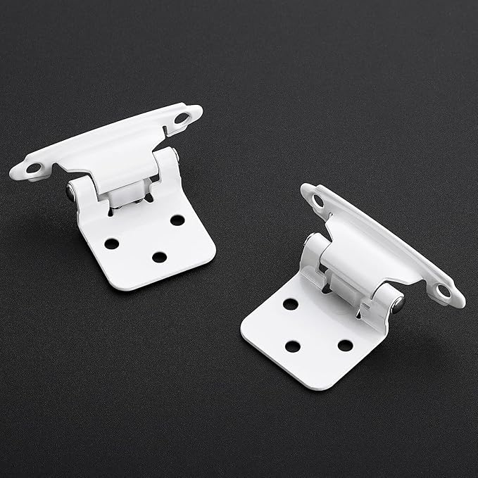 2 Pack 1 Pair White Cabinet Hinges - 1/2 inch Overlay Kitchen Cabinet Hinges, Semi-Concealed Hinges, Self Closing Cabinet Door Hinges with Door Bumper, White Face Mount Cabinet Hardware
