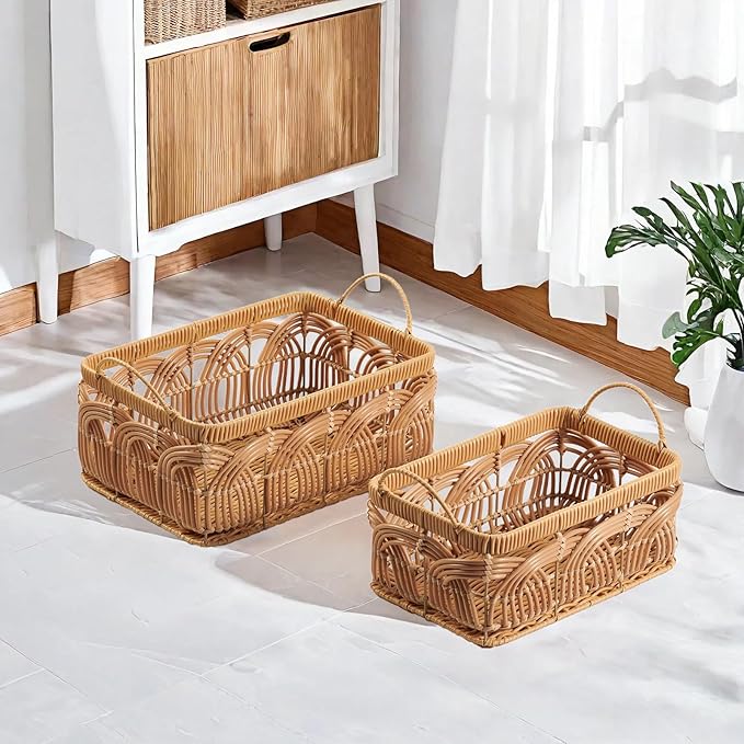 VinneGenzz 2PCS Plastic Wicker Storage Baskets Set Decorative Bohemian Handmade Woven Bathroom Boxes Bins Shelf Closet Cloth Toilet Paper Container Laundry Organizer with Handles Removable Liner