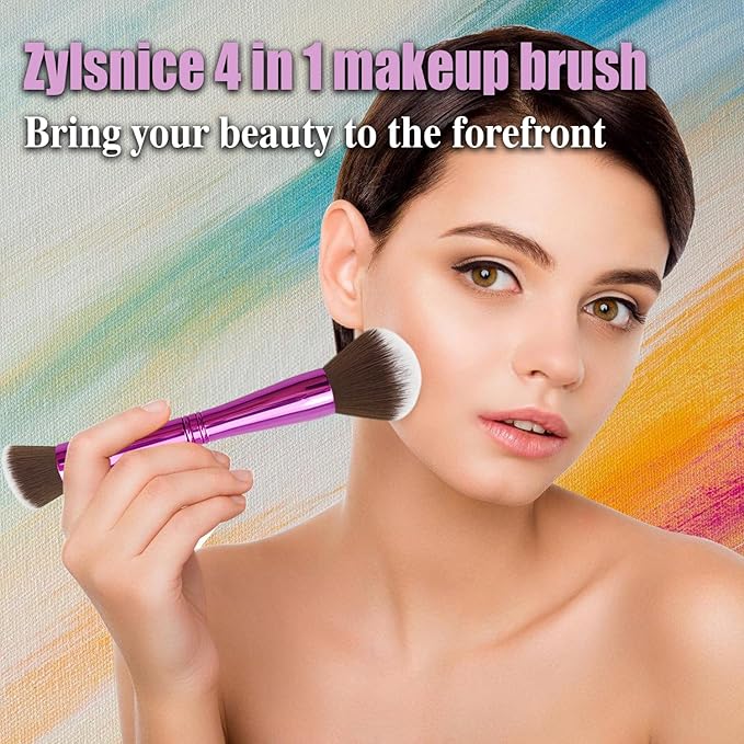 4 in 1 Makeup Brush Set, Travel Makeup Brushes with Case, Mini Makeup Brushes, Powder, Foundation, Concealer, Eyeshadow, Dual Ended, Synthetic Bristles, Purple