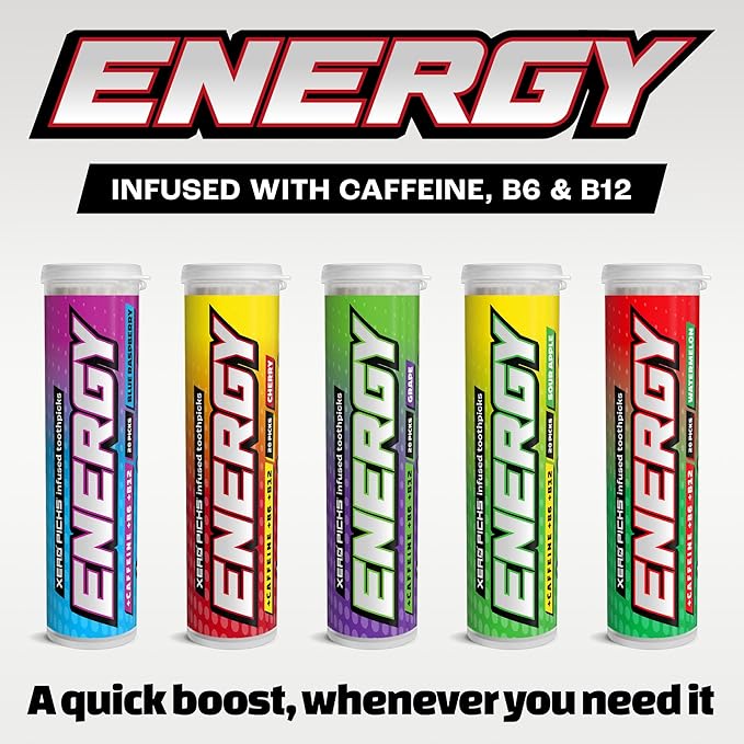 Xero Picks Energy Caffeine Flavored Toothpicks B12 for Focus & B6, 60 Picks (Pack of 5) (Variety Pack) Sugar-Free Alternative to Energy Mints & Gum - Kosher