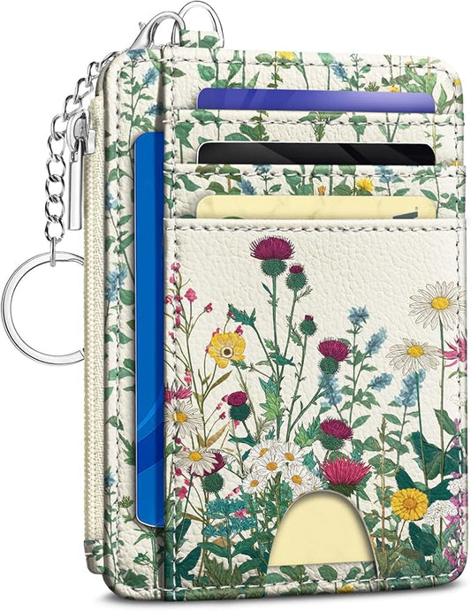Wildflower Credit Card Holder Small Wallet Women, Flowers Slim RFID Blocking Wallet Woman Keychain with Zipper Coin Pocket, Front Pocket Thin Travel Card Case with ID Window for Ladies Gifts