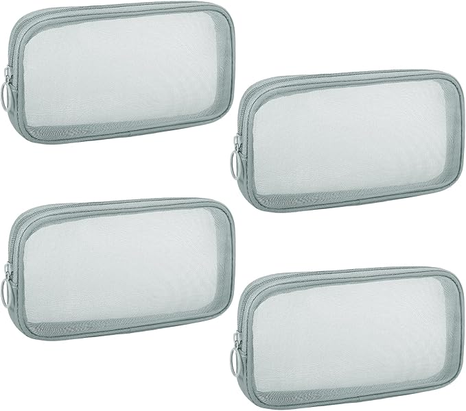 4 Pieces Mini Zipper Nylon Mesh Pouch, Mesh Cosmetic Bags Makeup Bags, Multipurpose Travel Toiletry Bags for Office Supplies and Travel Accessories (Grey, M)