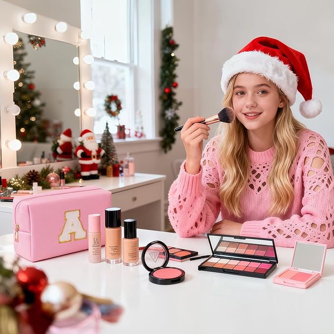 TOPEAST Small Makeup Bag Initial Cosmetic Bag Travel Toiletry Bag, Personalized Birthday Gift for Mom Sister Friends Teacher Nurse, Preppy Travel Stuff for Girls (Pink O)