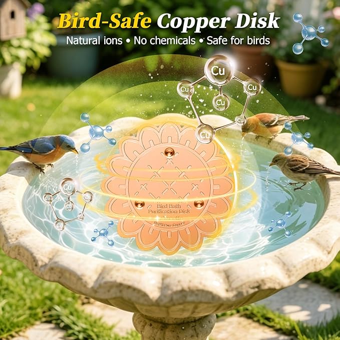 Bird Bath Copper Disk, 1pcs Sunflower Shaped 99.99% Pure Copper Cleaning Disc Plate for Physical Safe Water Purification All-Season for Outdoor Wildlife Bird Bowls Birdbaths Solar