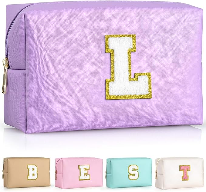 TOPEAST Personalized Birthday Gifts for Women, Preppy Patch Makeup Bag, Chenille Letter Pouch Cosmetic Bag, Travel Organizer, Gifts for Friends, Cute Stuff for Women (Purple L)
